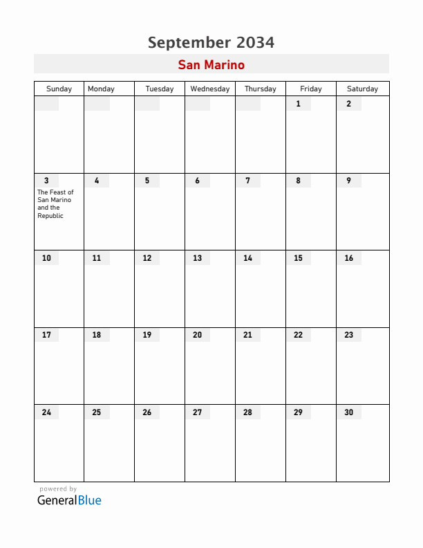 San Marino September 2034 Calendar with Holidays