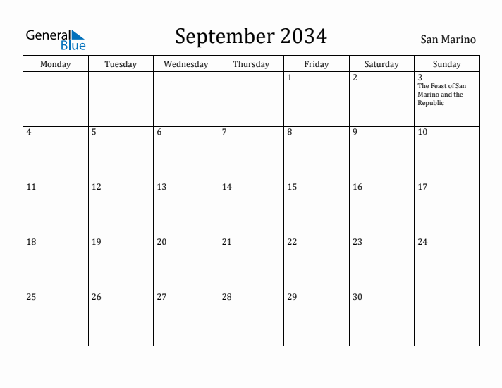 September 2034 Calendar San Marino