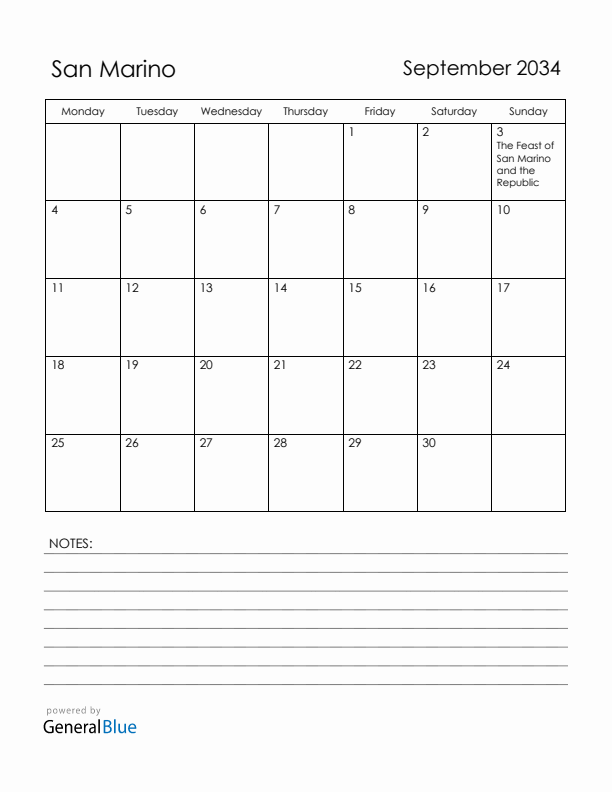 September 2034 San Marino Calendar with Holidays (Monday Start)