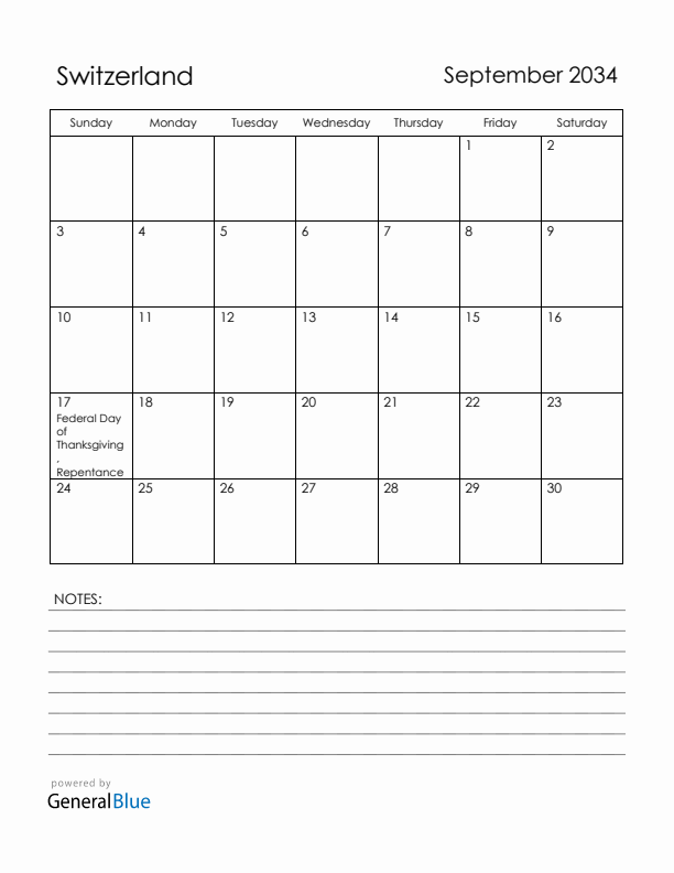 September 2034 Switzerland Calendar with Holidays (Sunday Start)