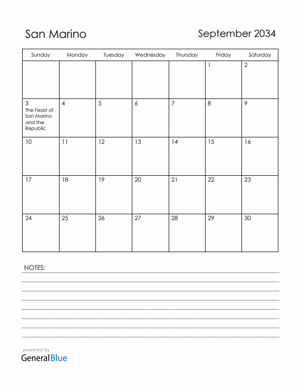 September 2034 San Marino Calendar with Holidays (Sunday Start)