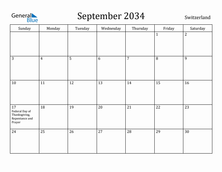 September 2034 Calendar Switzerland