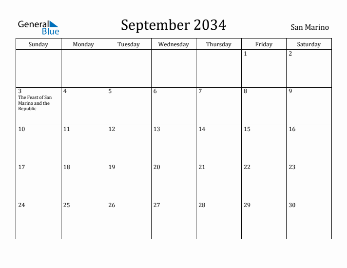 September 2034 Calendar San Marino