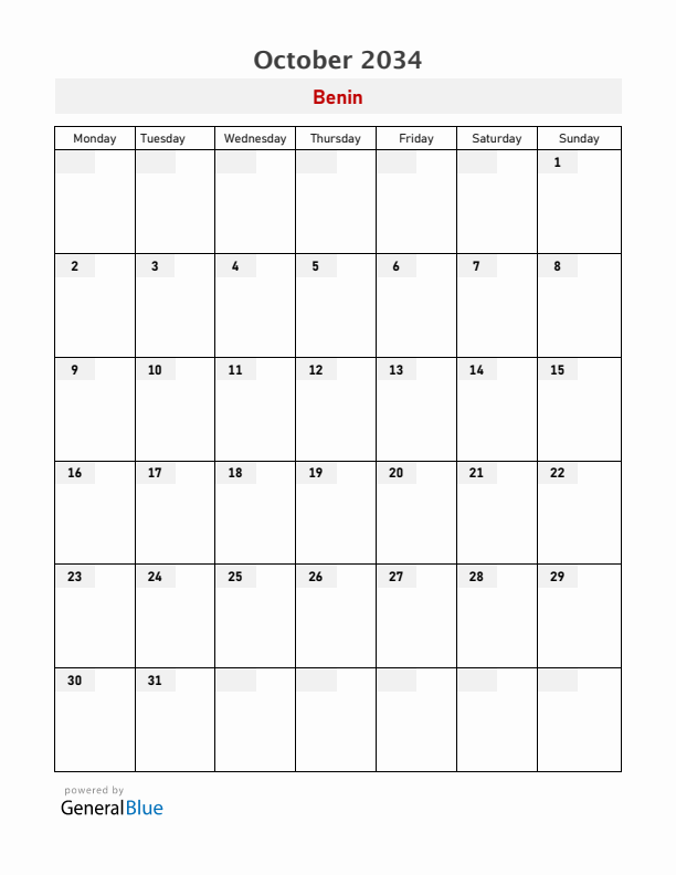 Benin October 2034 Calendar with Holidays