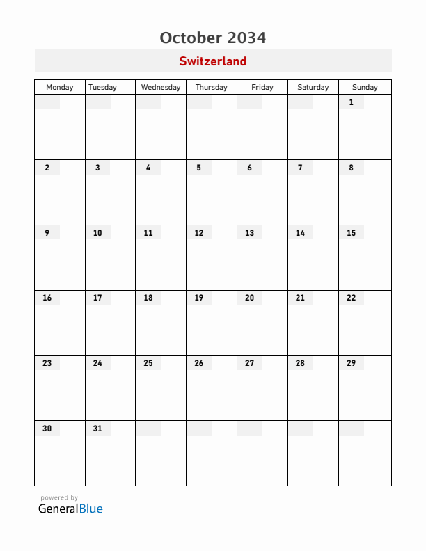 Switzerland October 2034 Calendar with Holidays