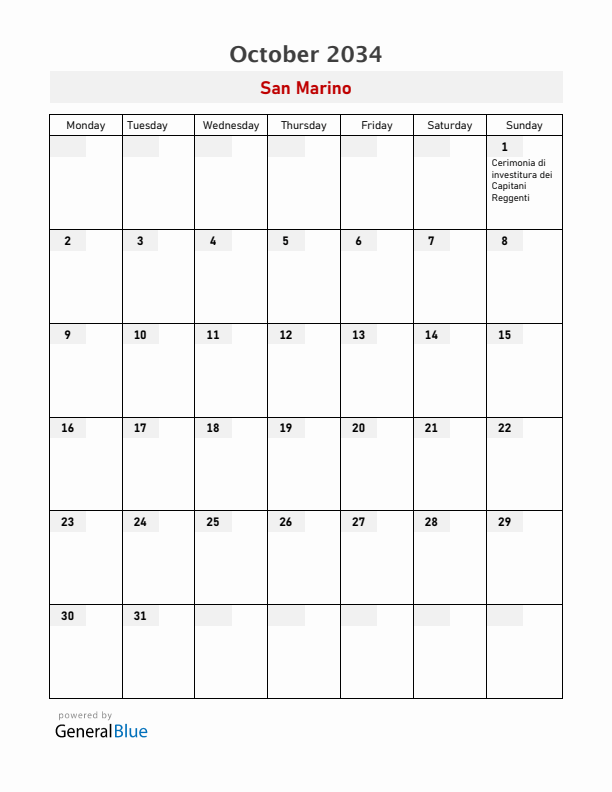 San Marino October 2034 Calendar with Holidays