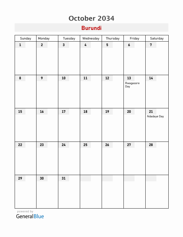 Burundi October 2034 Calendar with Holidays