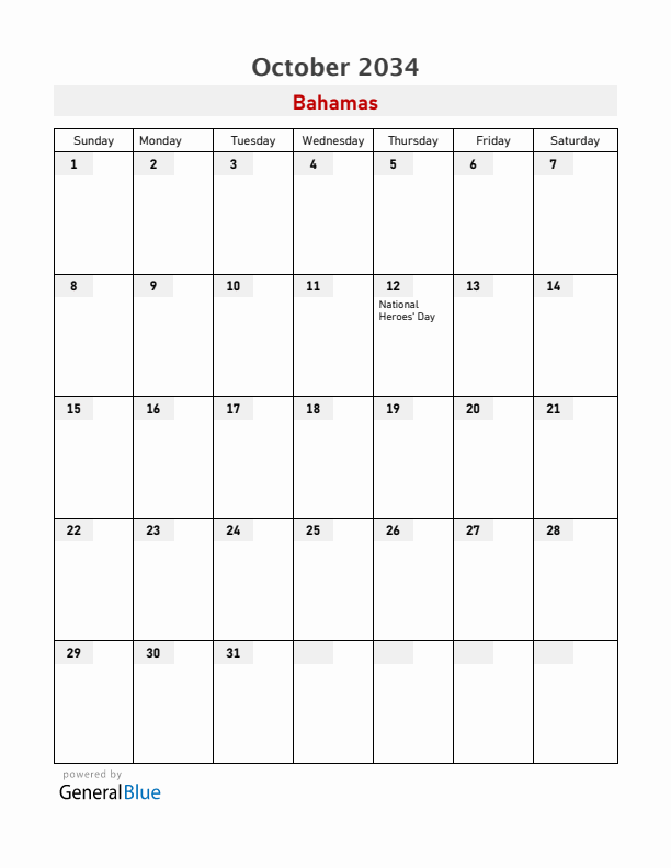 Bahamas October 2034 Calendar with Holidays