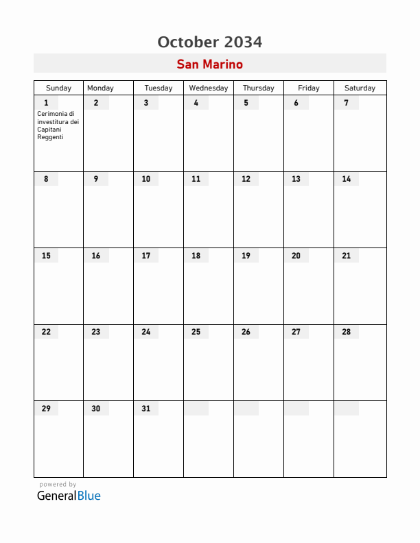 San Marino October 2034 Calendar with Holidays