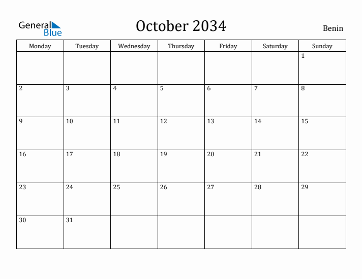 October 2034 Calendar Benin