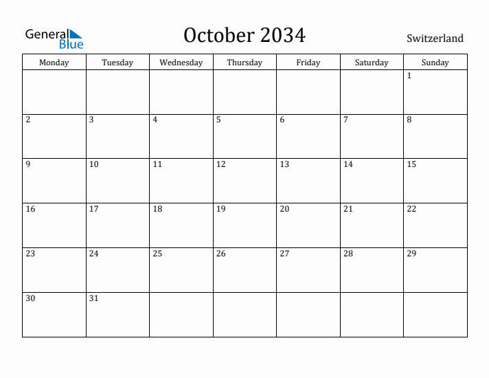 October 2034 Calendar Switzerland
