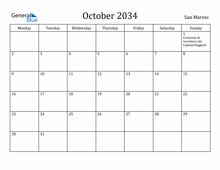 October 2034 Calendar San Marino
