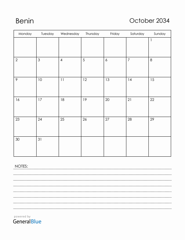 October 2034 Benin Calendar with Holidays (Monday Start)