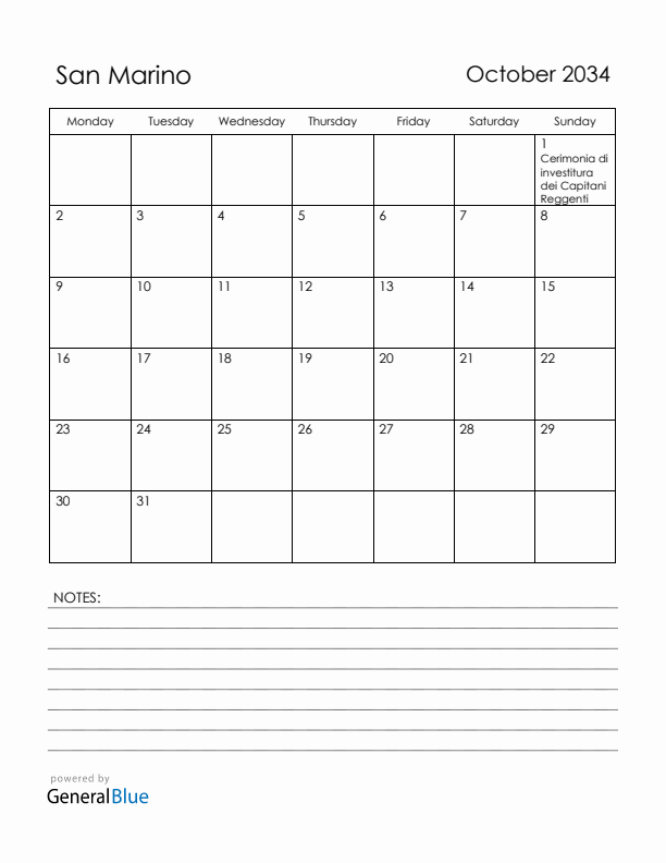 October 2034 San Marino Calendar with Holidays (Monday Start)