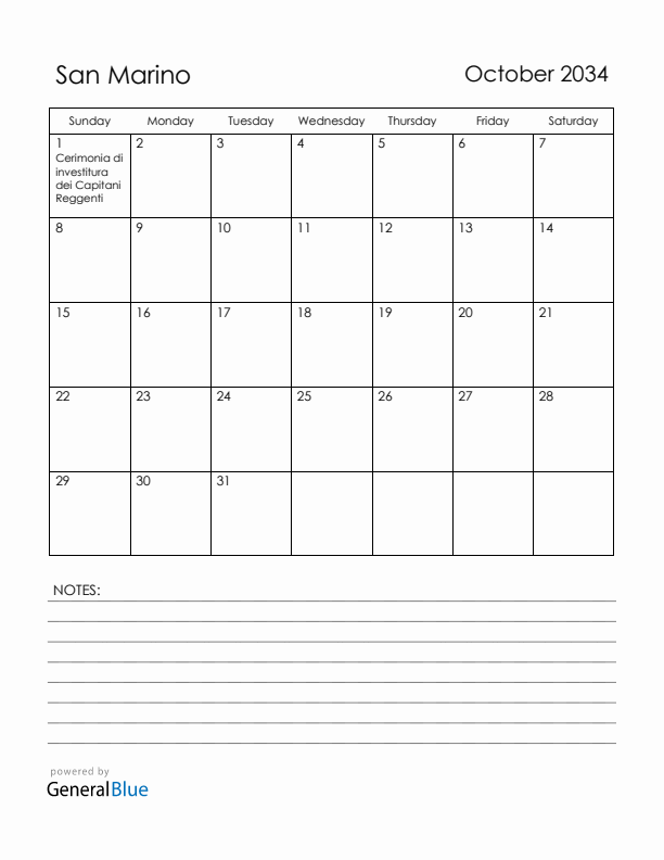 October 2034 San Marino Calendar with Holidays (Sunday Start)
