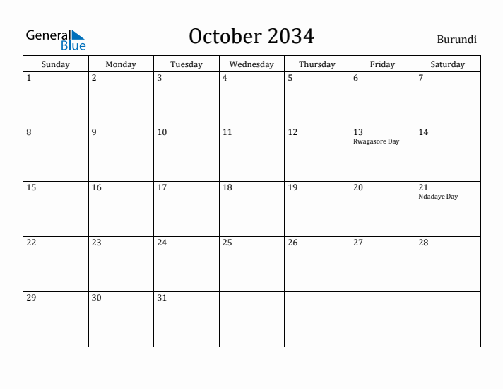 October 2034 Calendar Burundi