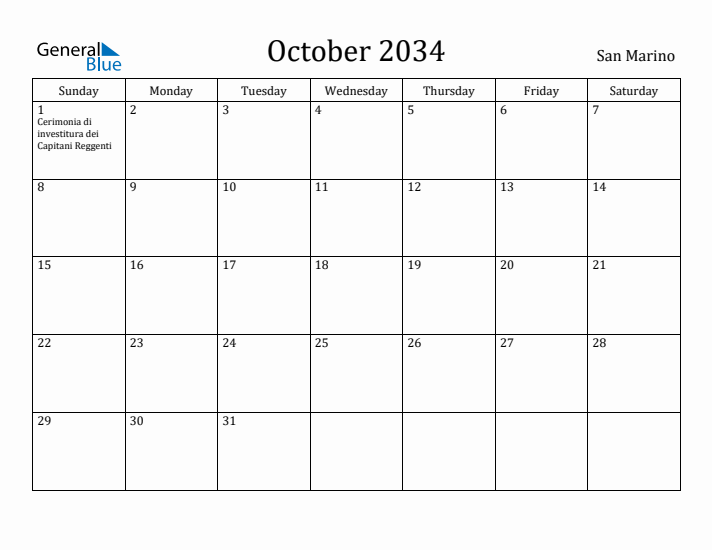 October 2034 Calendar San Marino