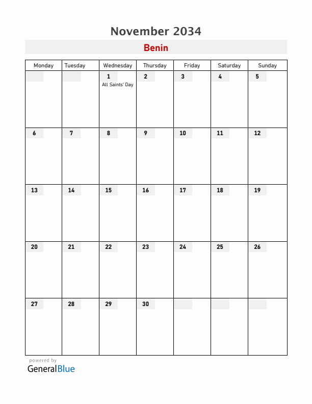 Benin November 2034 Calendar with Holidays