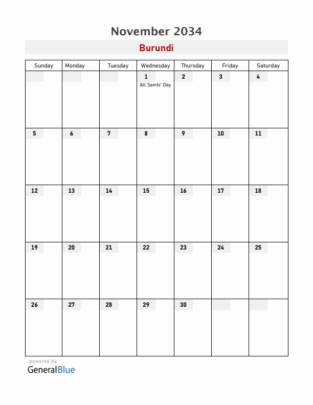 Burundi November 2034 Calendar with Holidays