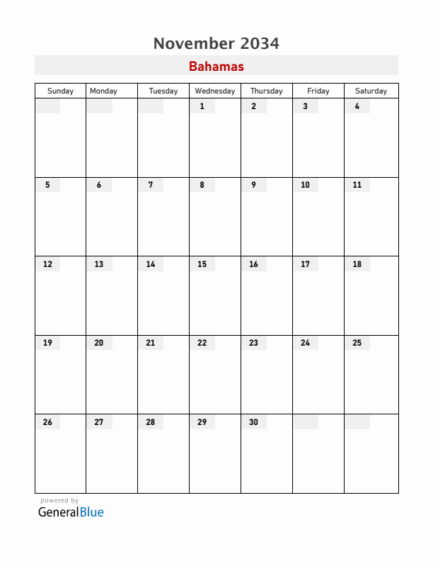 Bahamas November 2034 Calendar with Holidays