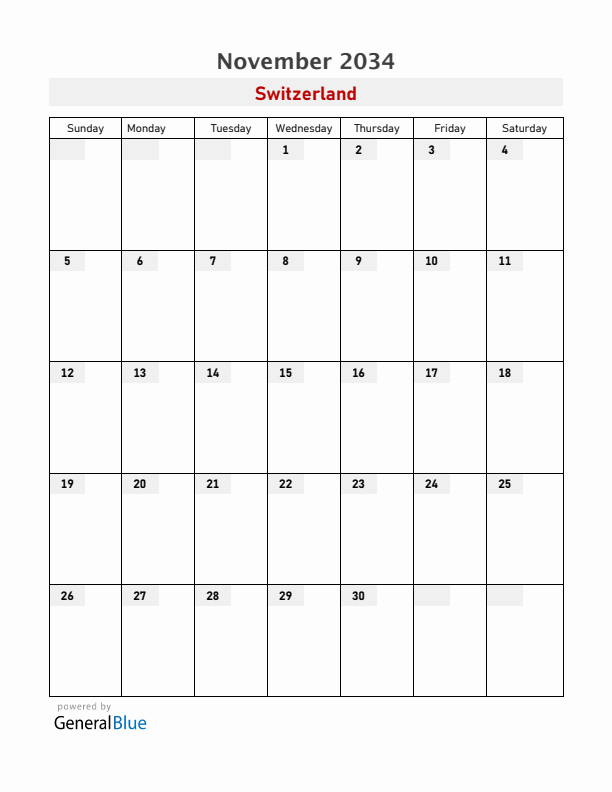 Switzerland November 2034 Calendar with Holidays