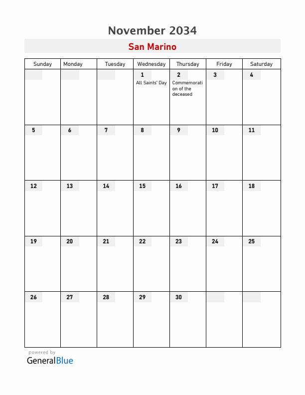 San Marino November 2034 Calendar with Holidays
