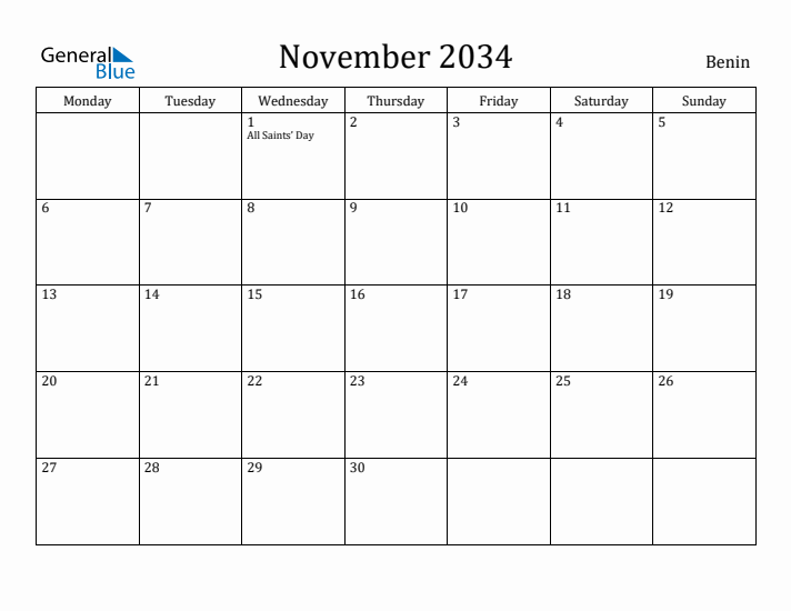 November 2034 Calendar Benin
