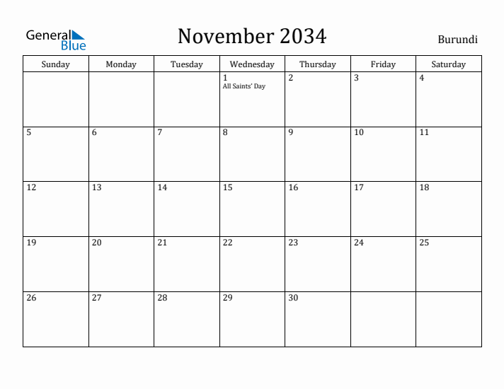 November 2034 Calendar Burundi