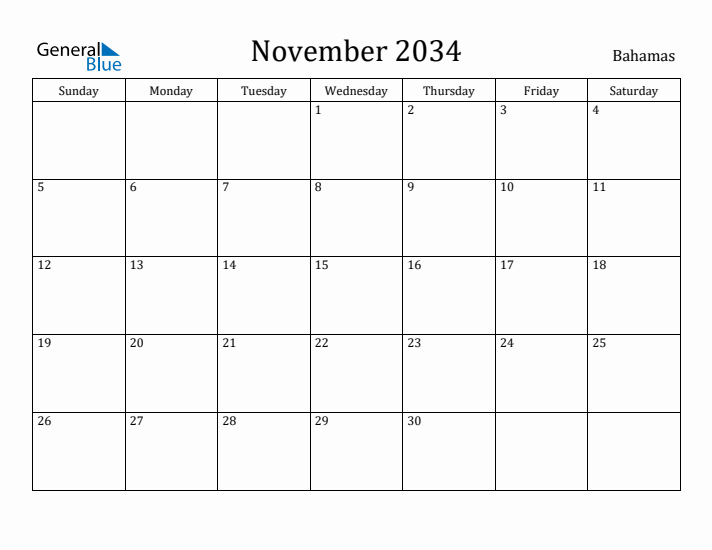 November 2034 Calendar Bahamas