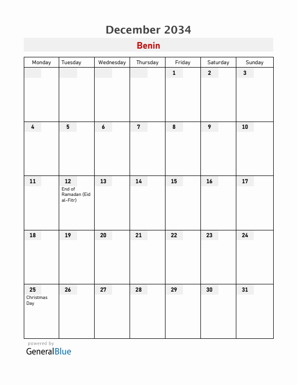 Benin December 2034 Calendar with Holidays