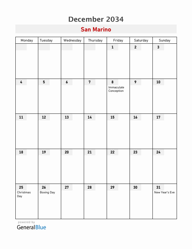 San Marino December 2034 Calendar with Holidays