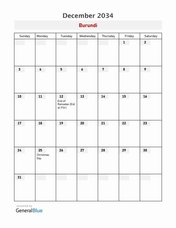 Burundi December 2034 Calendar with Holidays