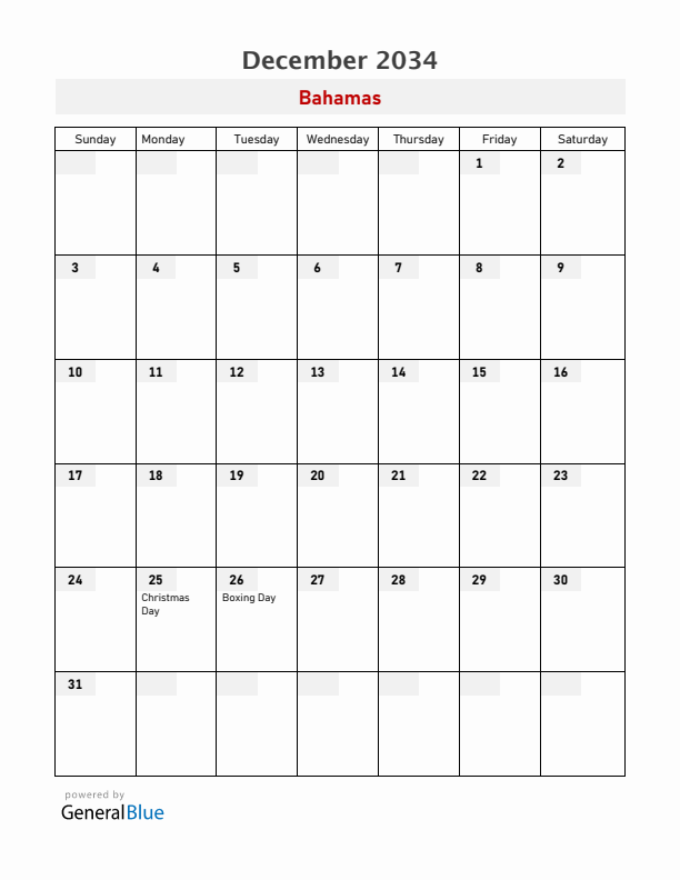 Bahamas December 2034 Calendar with Holidays