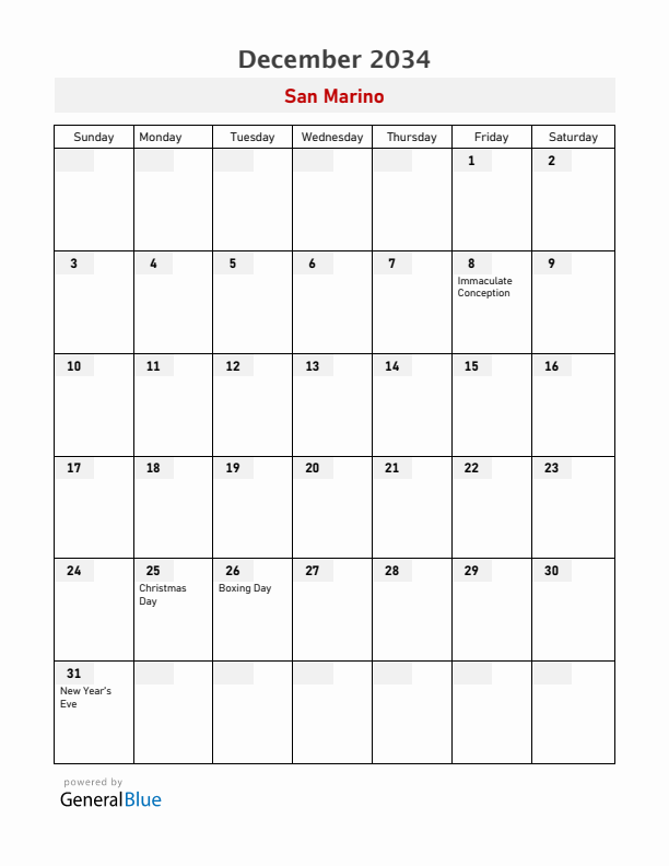 San Marino December 2034 Calendar with Holidays