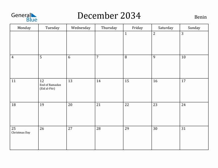 December 2034 Calendar Benin