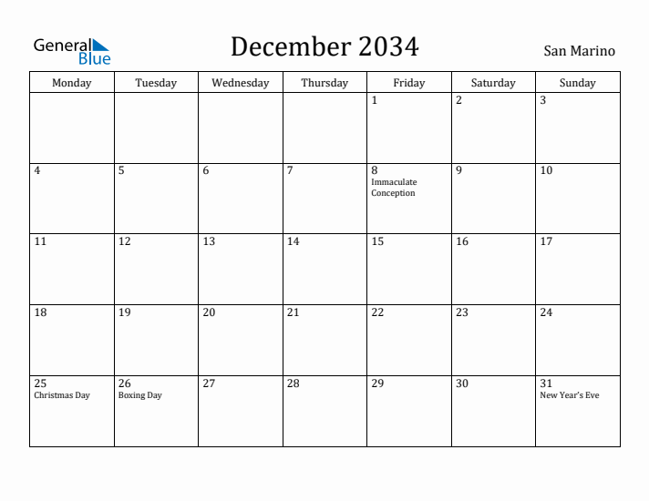 December 2034 Calendar San Marino