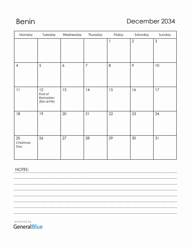 December 2034 Benin Calendar with Holidays (Monday Start)