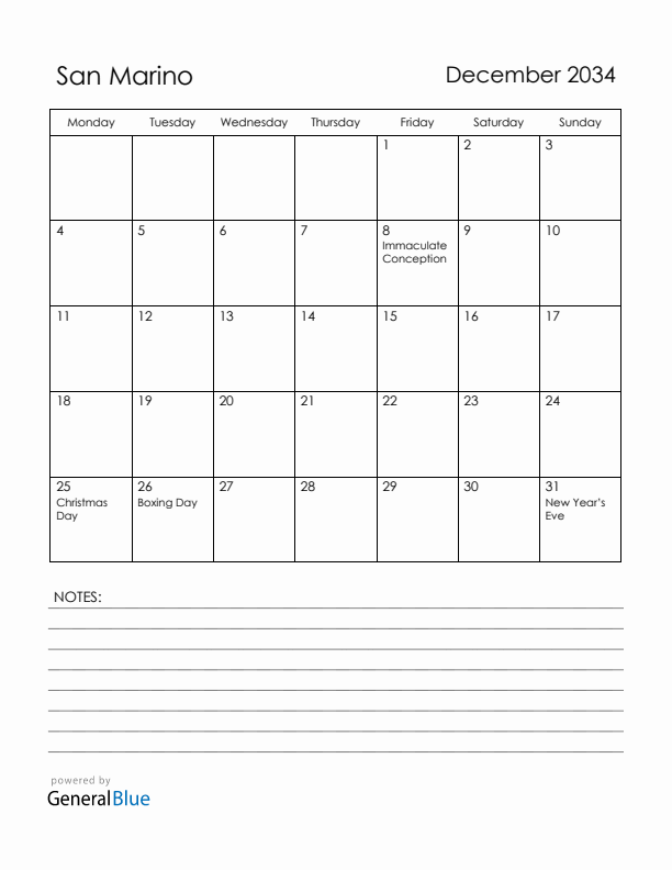 December 2034 San Marino Calendar with Holidays (Monday Start)