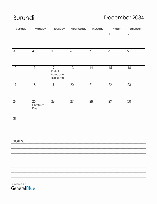 December 2034 Burundi Calendar with Holidays (Sunday Start)