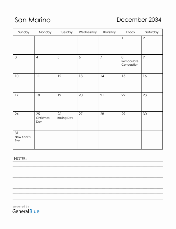 December 2034 San Marino Calendar with Holidays (Sunday Start)