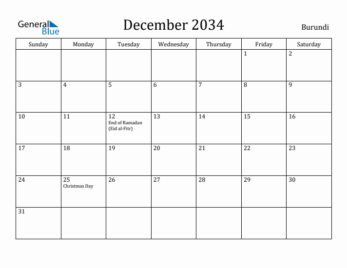 December 2034 Calendar Burundi
