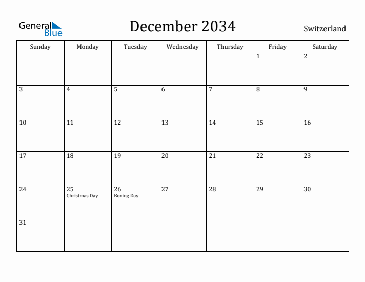 December 2034 Calendar Switzerland