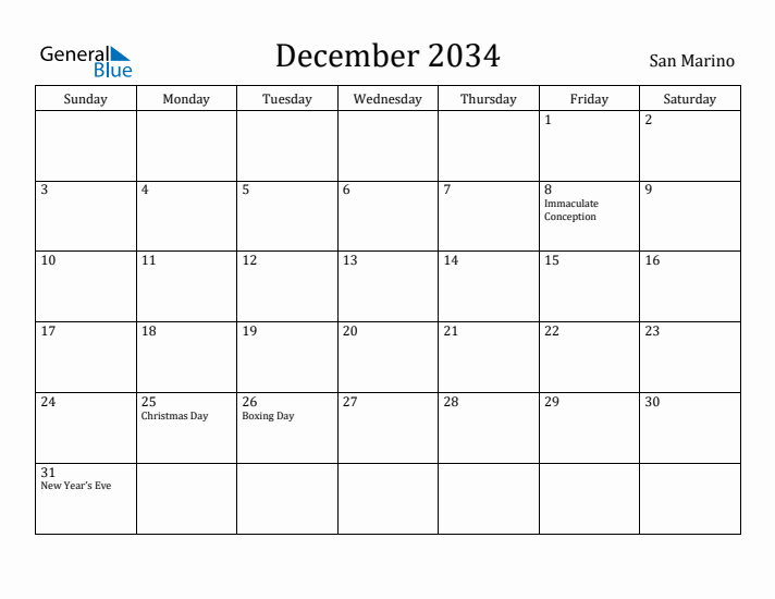December 2034 Calendar San Marino