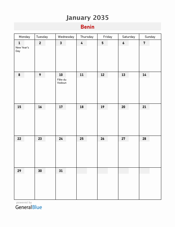 Benin January 2035 Calendar with Holidays