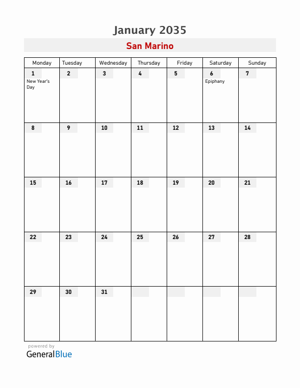 San Marino January 2035 Calendar with Holidays