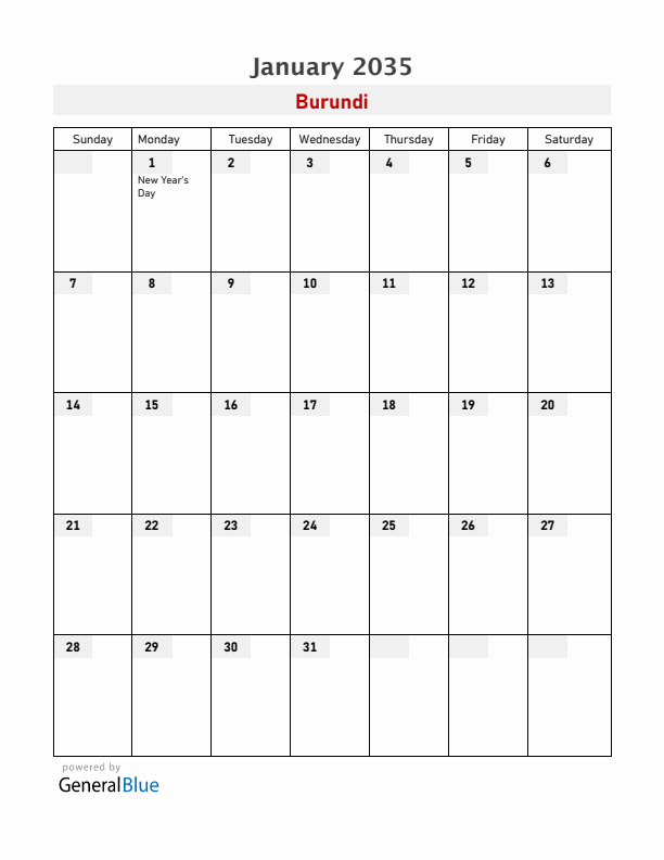 Burundi January 2035 Calendar with Holidays