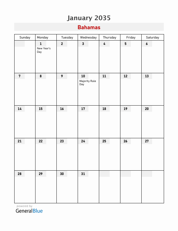 Bahamas January 2035 Calendar with Holidays
