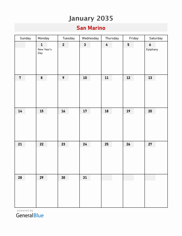 San Marino January 2035 Calendar with Holidays
