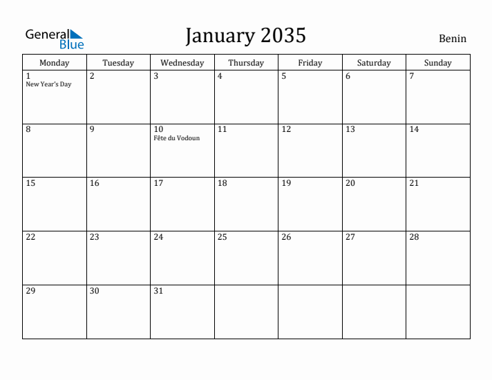 January 2035 Calendar Benin