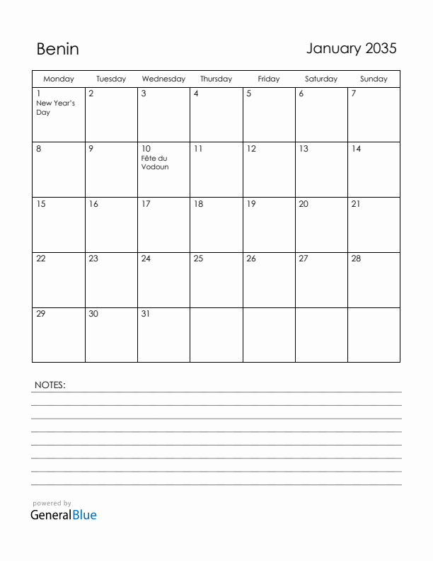 January 2035 Benin Calendar with Holidays (Monday Start)